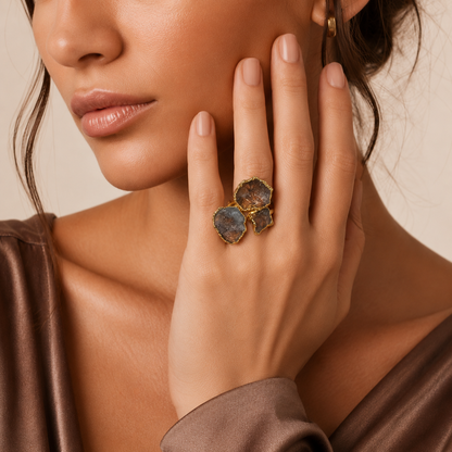 Mystic Smoky Amethyst Quartz Trinity Gold Plated Adjustable Ring