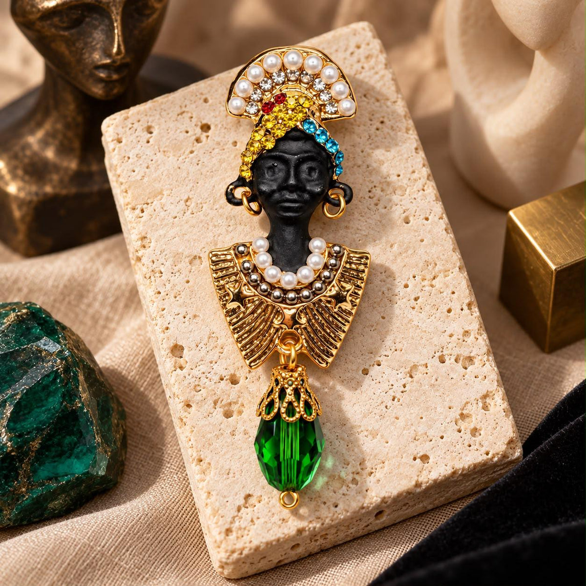 Emerald Majesty Pearl & Crystal African Queen Gold Tone Statement Brooch