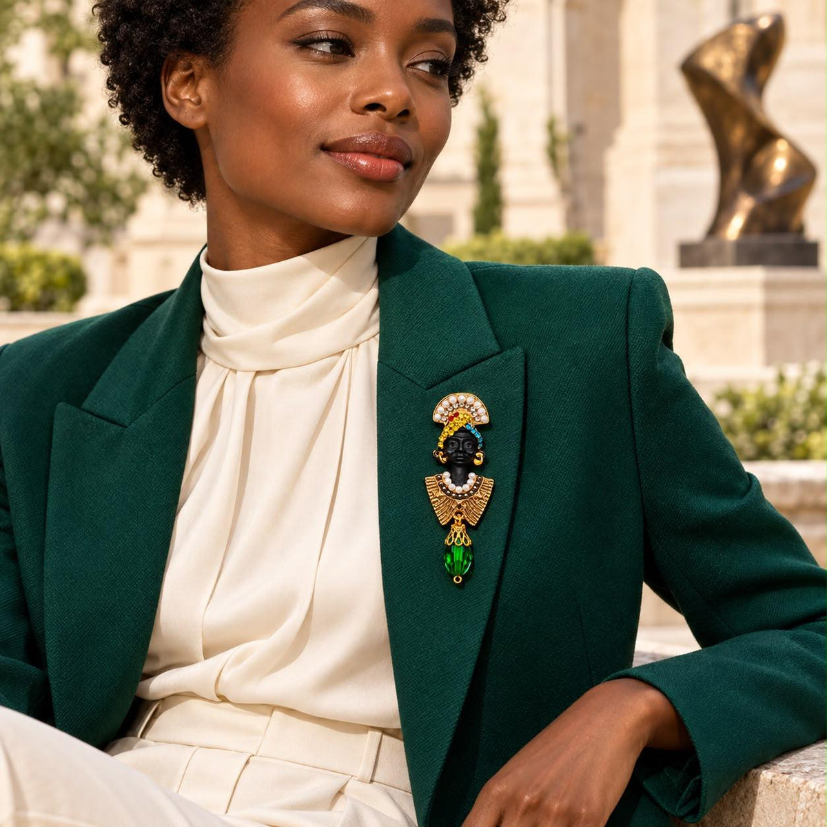 Emerald Majesty Pearl & Crystal African Queen Gold Tone Statement Brooch