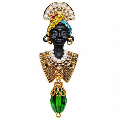Emerald Majesty Pearl & Crystal African Queen Gold Tone Statement Brooch